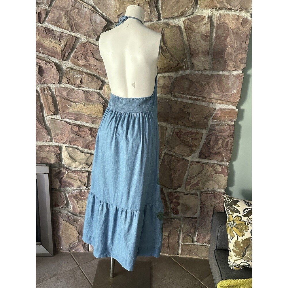 Anthropologie Pilcro Chambray Halter Embroidered Denim Midi Dress.  S EUC - Picture 8 of 13
